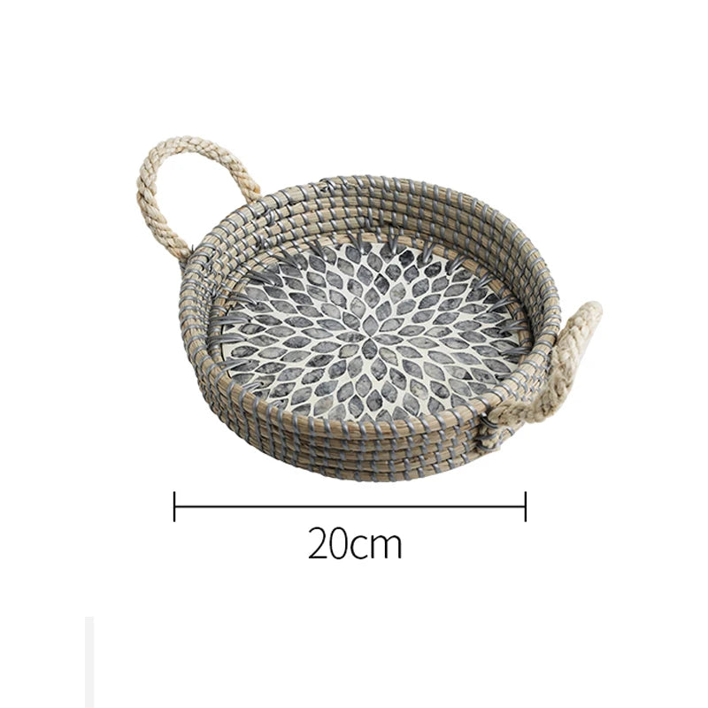 Ahunderjiaz-cesta de armazenamento retrô de rattan, bandeja criativa de concha natural com alças de couro, ornamentos de mesa para casa e sala de estar