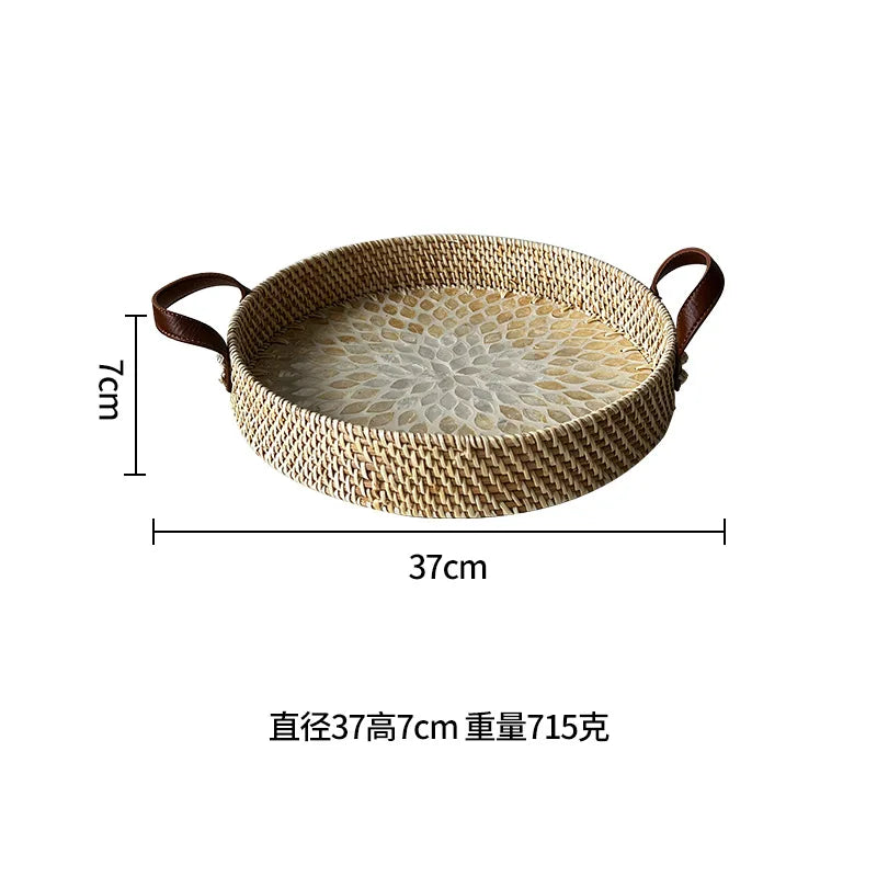 Bandeja De Armazenamento De Shell De Rattan Artesanal Retro, Cesta De Frutas Colorida De Piquenique Com Alça De Couro, Armazenamento De Mesa Da Sala De Estar, Casa D
