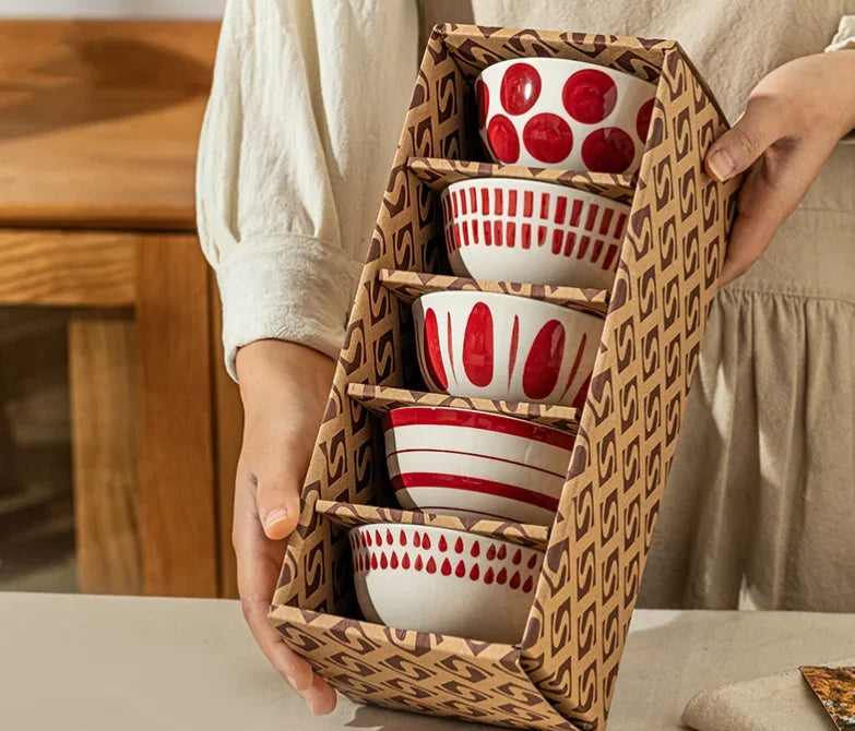 4.5 polegadas tigela de cerâmica tigela cozinha talheres conjunto tigela estilo japonês personalizado tigela arroz vintage padrão caixa presente 5 pçs