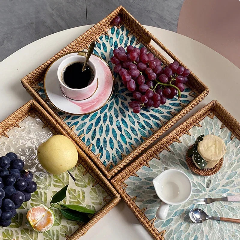Bandeja premium de concha quadrada de luxo, rattan feito à mão, cesta de frutas de piquenique colorida, conjunto de armazenamento de cozinha, decoração de mobiliário doméstico