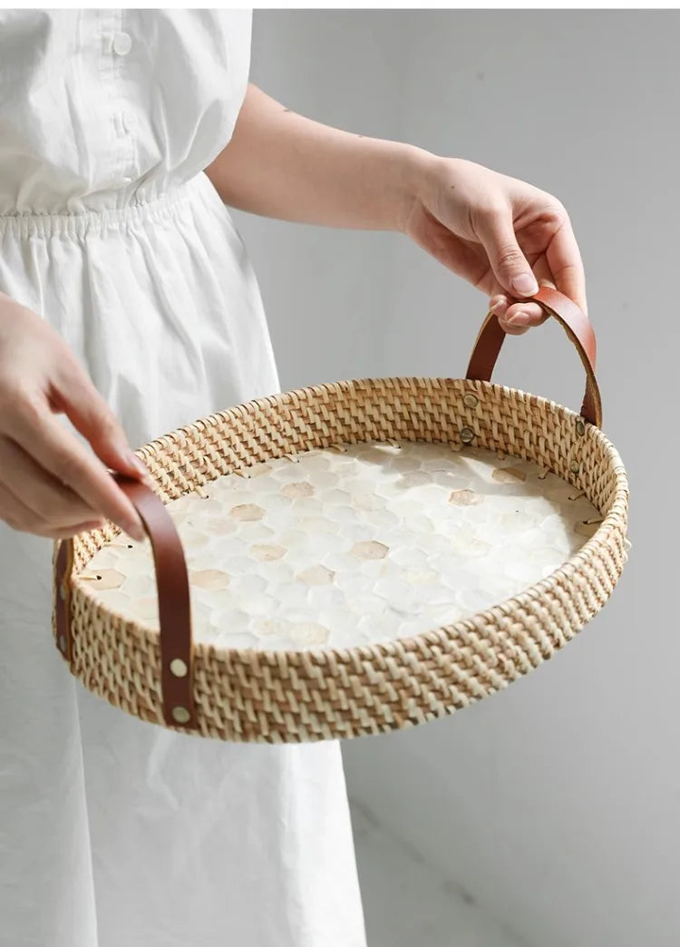Wabi-Sabi Estilo Natural Shell Fruit Plate, Cesta De Sobremesa, Bandeja De Armazenamento De Rattan Artesanal, Banheiro Decoração De Casa Organização