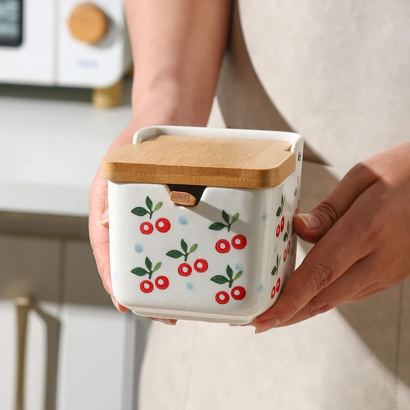 Conjunto de potes de tempero de cerâmica, caixa quadrada de armazenamento de cereja, sal, açúcar, pimenta, molho de soja, garrafa de vinagre, utensílios de cozinha, novo