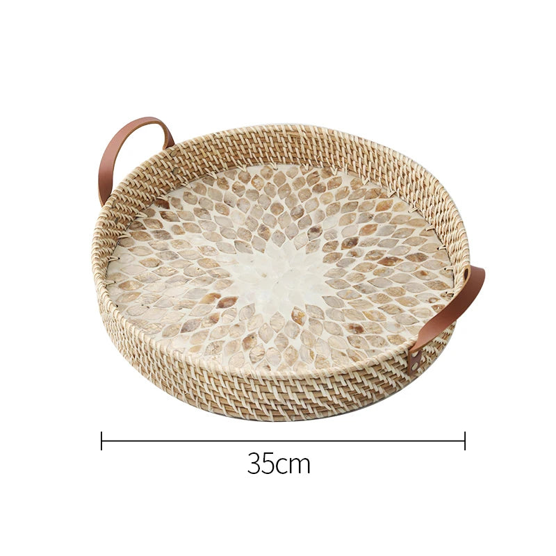Ahunderjiaz-cesta de armazenamento retrô de rattan, bandeja criativa de concha natural com alças de couro, ornamentos de mesa para casa e sala de estar
