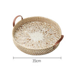 Ahunderjiaz-cesta de armazenamento retrô de rattan, bandeja criativa de concha natural com alças de couro, ornamentos de mesa para casa e sala de estar