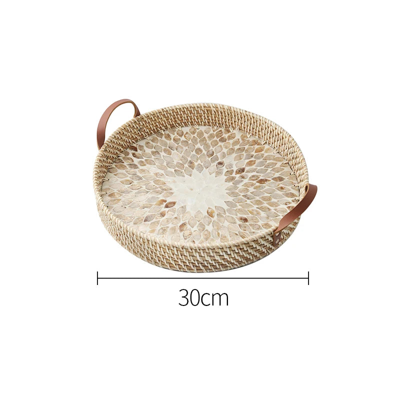 Ahunderjiaz-cesta de armazenamento retrô de rattan, bandeja criativa de concha natural com alças de couro, ornamentos de mesa para casa e sala de estar