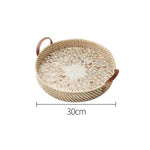 Ahunderjiaz-cesta de armazenamento retrô de rattan, bandeja criativa de concha natural com alças de couro, ornamentos de mesa para casa e sala de estar