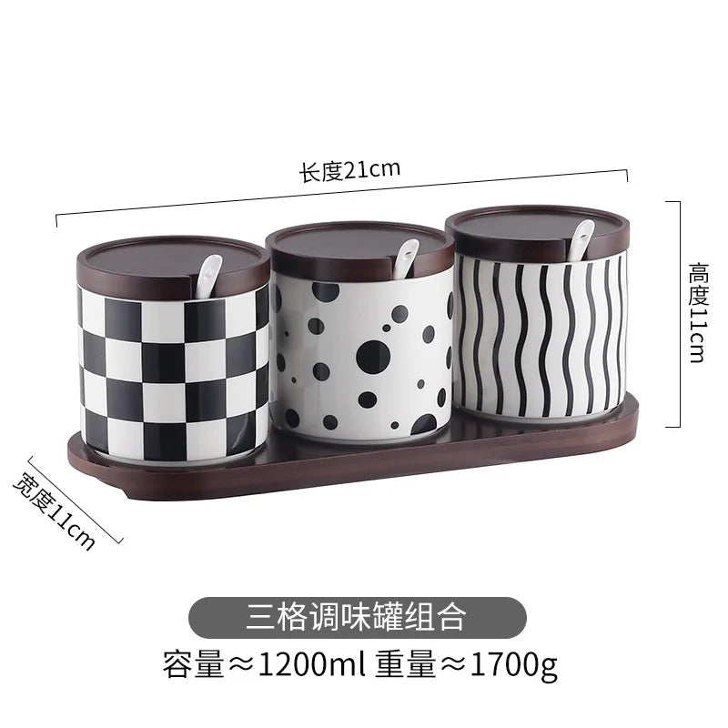 Preto e branco listrado cerâmica tempero jar com tampa de madeira spice açúcar jar cozinha chili sal armazenamento frascos utensílios de cozinha novo