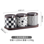 Preto e branco listrado cerâmica tempero jar com tampa de madeira spice açúcar jar cozinha chili sal armazenamento frascos utensílios de cozinha novo