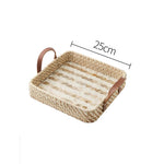 Ahunderjiaz-cesta de armazenamento retrô de rattan, bandeja criativa de concha natural com alças de couro, ornamentos de mesa para casa e sala de estar