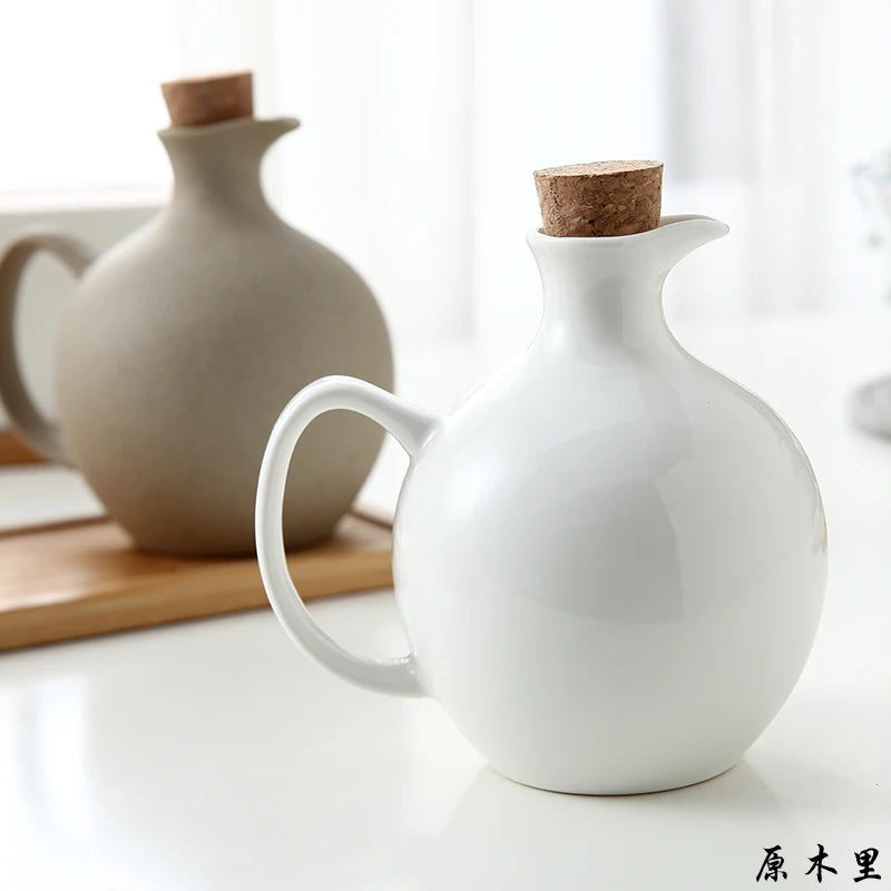 Chaleira de óleo esmaltada de porcelana criativa, recipiente interior de especiarias, chaleira de óleo de cerâmica branca vintage, garrafa de armazenamento de óleo de cozinha para casa
