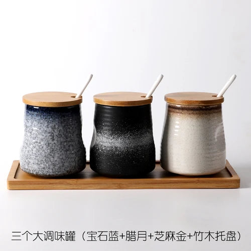 Frasco De Tempero De Cerâmica Com Colher, Frasco De Especiarias De Açúcar De Sal, Conjunto De Caixa De Tempero De Glutamato Monossódico, Suprimentos De Cozinha Vintage