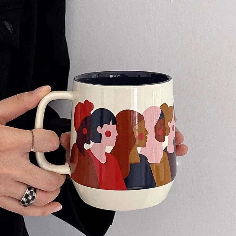 Ahunderjiaz-Retro Contrastando Caneca, Character Print, Grande Capacidade Copos De Café, Pequeno Prato De Jantar, Cozinha Conjunto De Bebidas