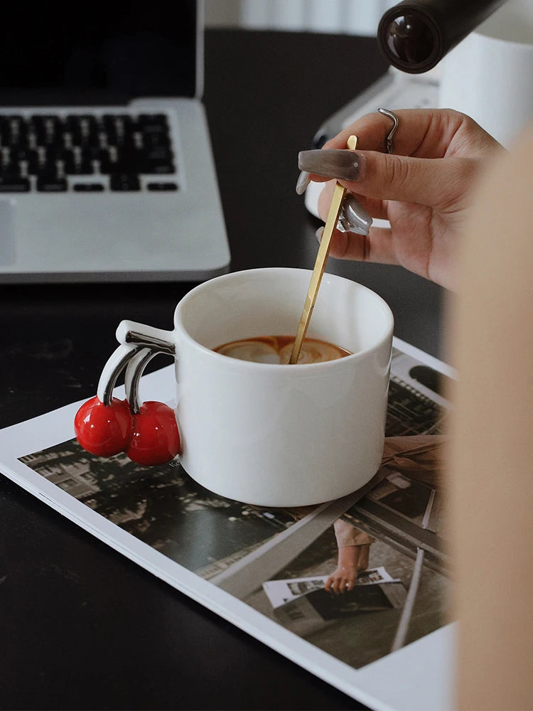 Ahunderjiaz-Pintado à mão Cereja Cerâmica Xícara De Café, Criativo 3D Caneca De Leite, Conjunto De Beber Doméstico, Presente De Aniversário