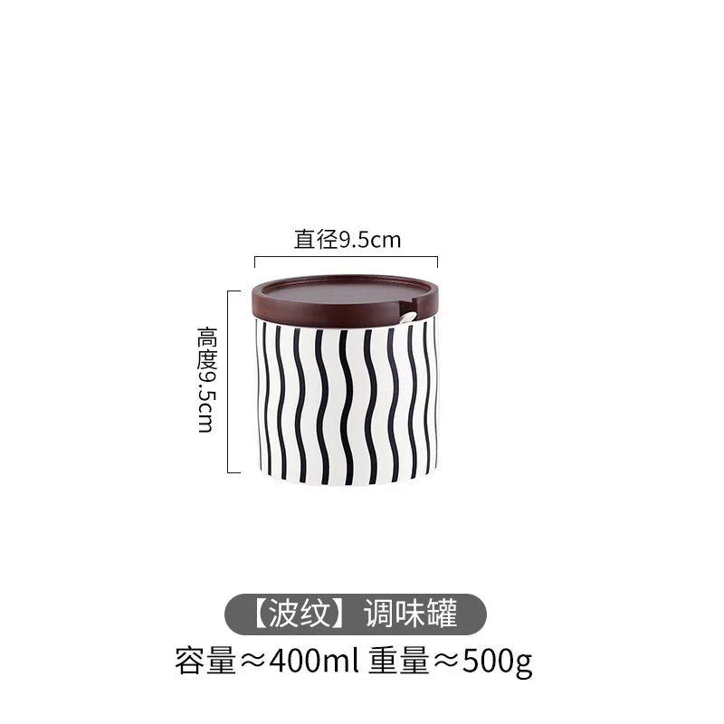 Preto e branco listrado cerâmica tempero jar com tampa de madeira spice açúcar jar cozinha chili sal armazenamento frascos utensílios de cozinha novo