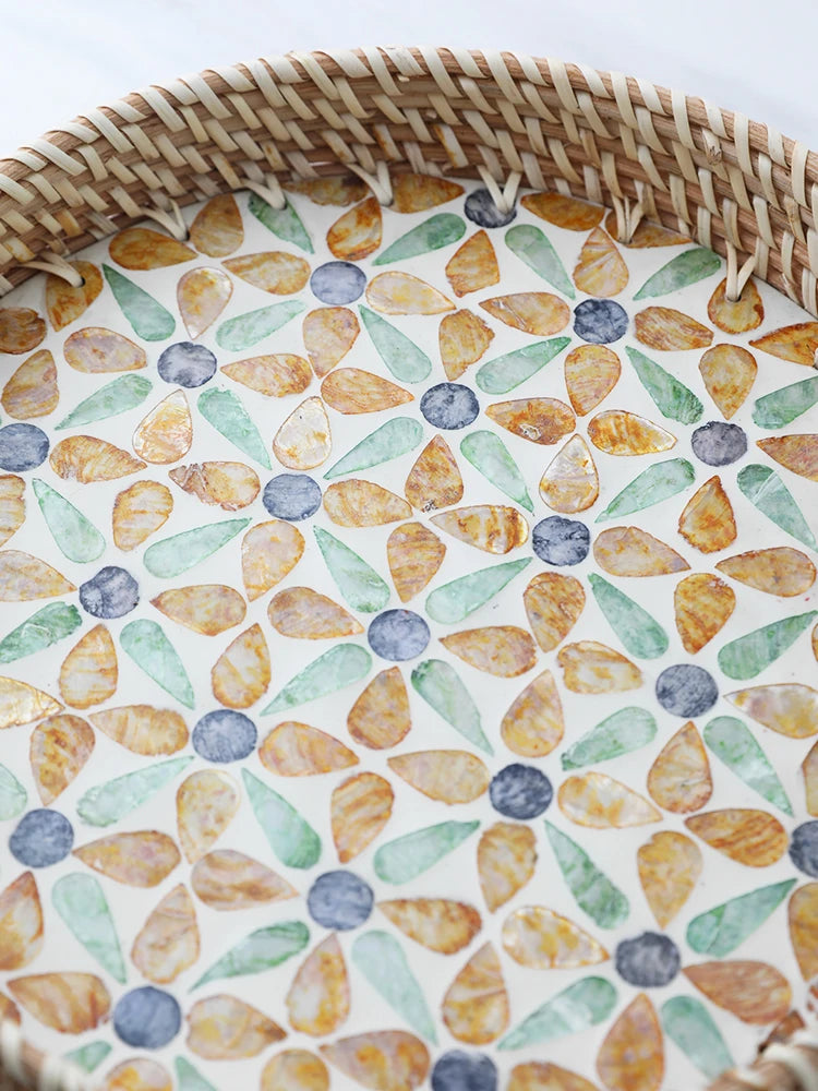 Bandeja de concha natural estilo francês, bandejas de armazenamento de vime feitas à mão, entrada da sala de estar, decoração de jardim, decoração de cozinha para casa