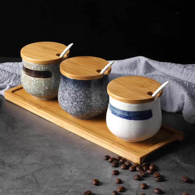 Frasco De Tempero De Cerâmica Com Colher, Frasco De Especiarias De Açúcar De Sal, Conjunto De Caixa De Tempero De Glutamato Monossódico, Suprimentos De Cozinha Vintage