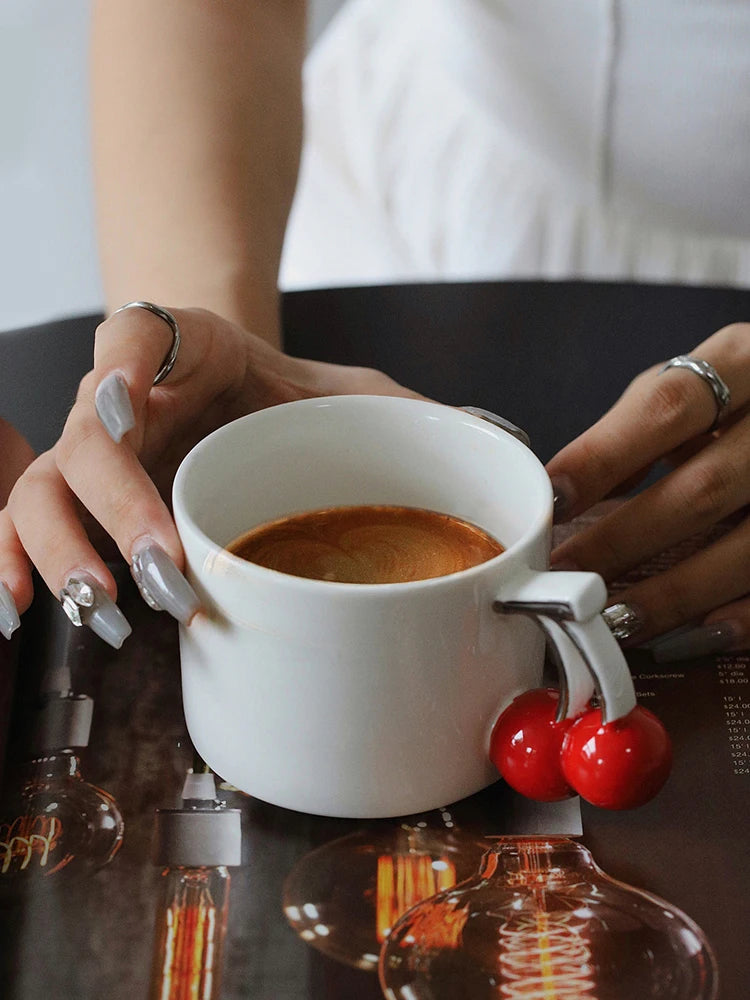 Ahunderjiaz-Pintado à mão Cereja Cerâmica Xícara De Café, Criativo 3D Caneca De Leite, Conjunto De Beber Doméstico, Presente De Aniversário