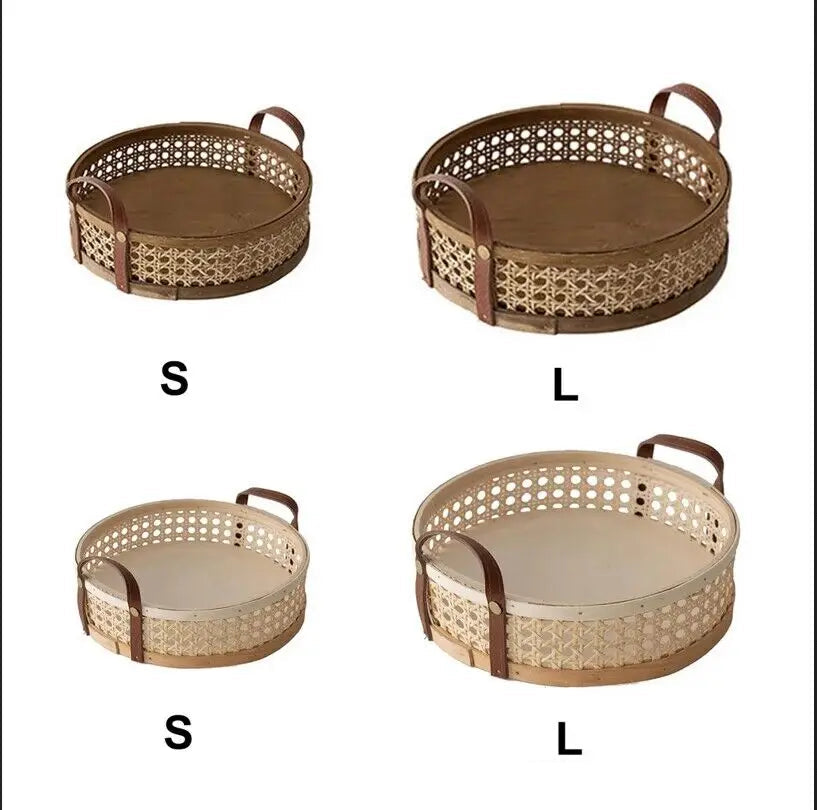 Estilo nórdico rattan tecido coleção bandeja cesta alça de couro pequena cesta circular aromaterapia conjunto chá cesta pão