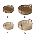 Estilo nórdico rattan tecido coleção bandeja cesta alça de couro pequena cesta circular aromaterapia conjunto chá cesta pão