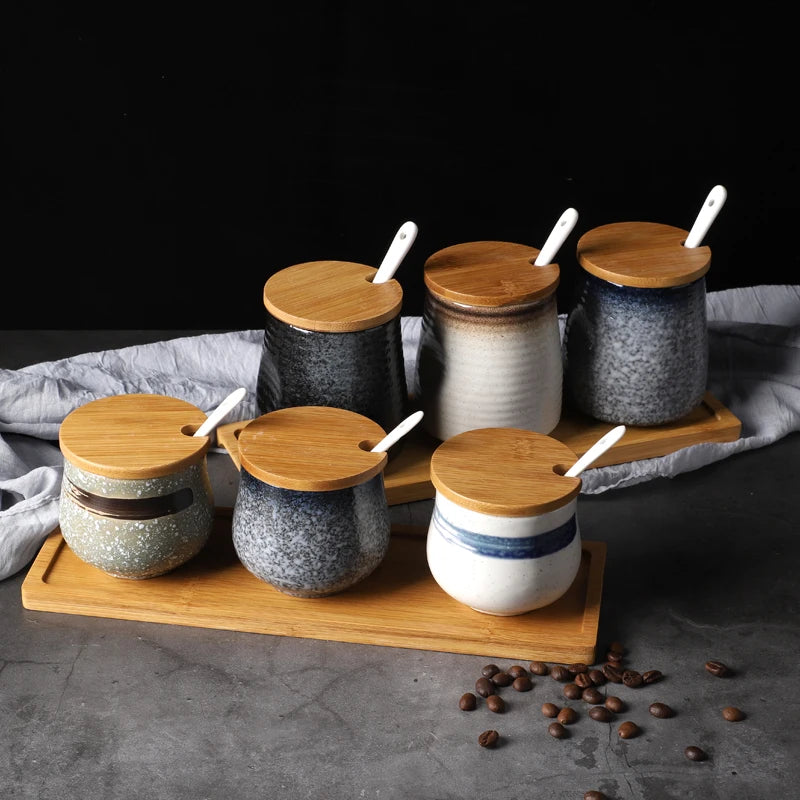 Frasco De Tempero De Cerâmica Com Colher, Frasco De Especiarias De Açúcar De Sal, Conjunto De Caixa De Tempero De Glutamato Monossódico, Suprimentos De Cozinha Vintage