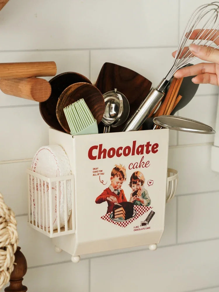 AhenderJiaz-Francês Vintage Talheres Balde De Armazenamento, Prateleira De Cozinha Doméstica, Multifuncional Pendurado Na Parede, Conjunto De Tubo De Pauzinha