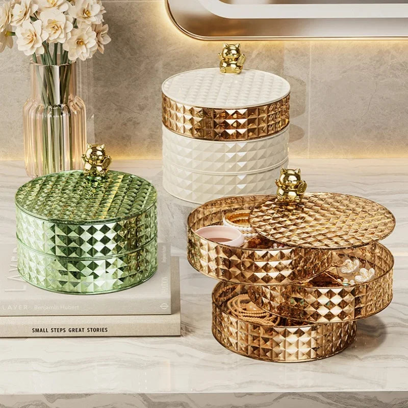 Caixas de armazenamento plásticas que podem girar para organizar e colocar, petiscos, doces, bandejas de frutas, cremalheira home do armazenamento, 4 camadas