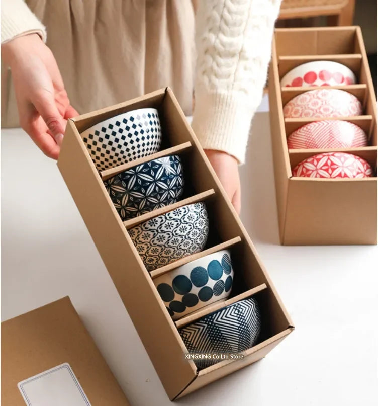 4.5 polegadas tigela de cerâmica tigela cozinha talheres conjunto tigela estilo japonês personalizado tigela arroz vintage padrão caixa presente 5 pçs