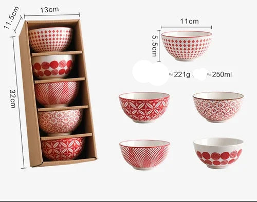 4.5 polegadas tigela de cerâmica tigela cozinha talheres conjunto tigela estilo japonês personalizado tigela arroz vintage padrão caixa presente 5 pçs