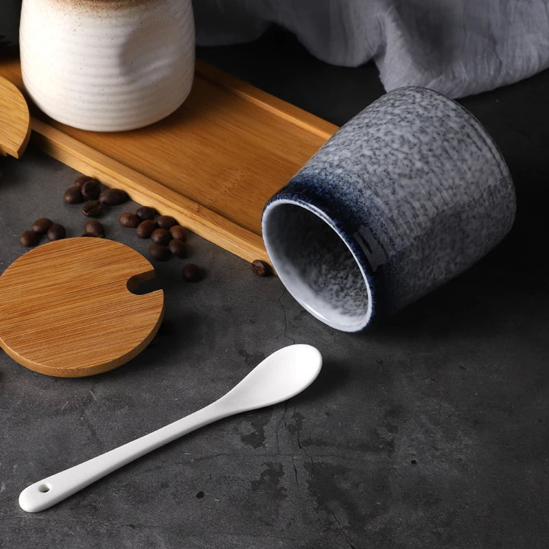 Frasco De Tempero De Cerâmica Com Colher, Frasco De Especiarias De Açúcar De Sal, Conjunto De Caixa De Tempero De Glutamato Monossódico, Suprimentos De Cozinha Vintage