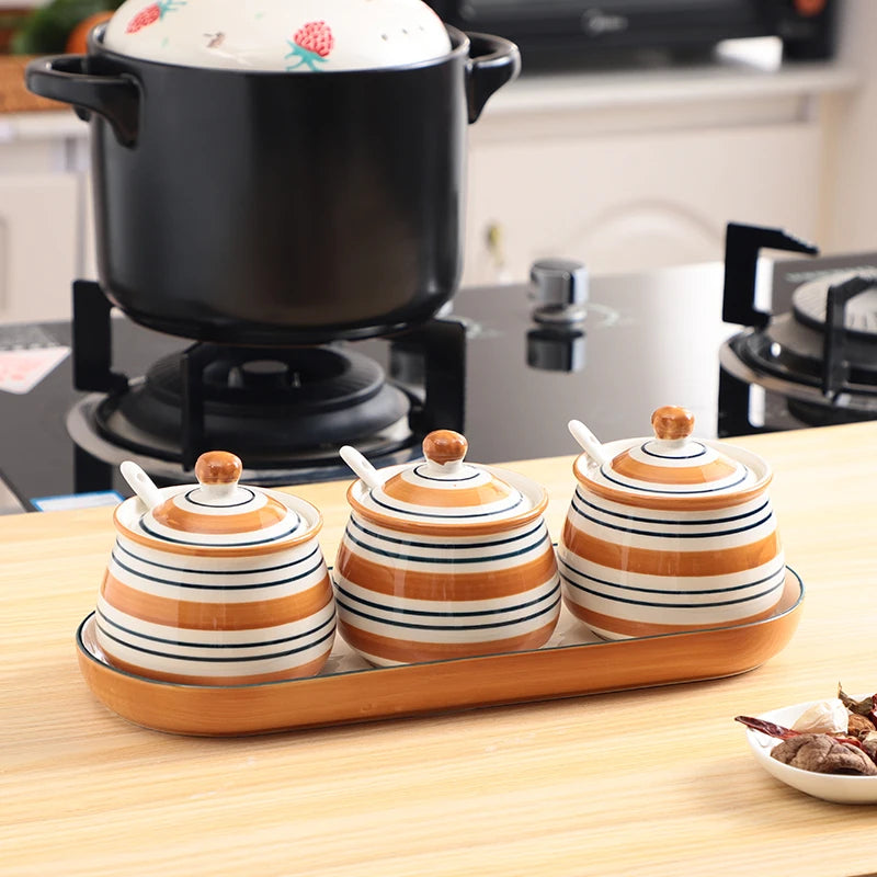 Moderno conjunto de três peças caixa de tempero de cerâmica pote de especiarias casa sal frasco de açúcar molho de soja garrafa de vinagre acessórios de cozinha novo