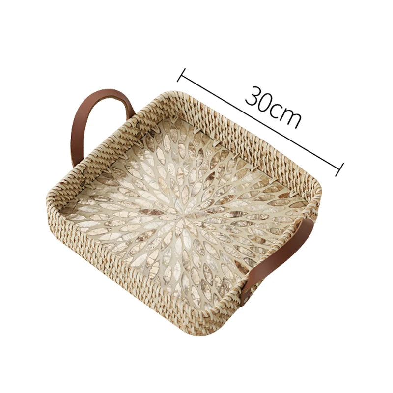 Ahunderjiaz-cesta de armazenamento retrô de rattan, bandeja criativa de concha natural com alças de couro, ornamentos de mesa para casa e sala de estar