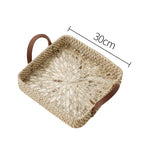 Ahunderjiaz-cesta de armazenamento retrô de rattan, bandeja criativa de concha natural com alças de couro, ornamentos de mesa para casa e sala de estar