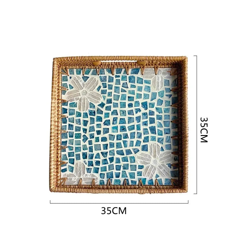 Bandeja premium de concha quadrada de luxo, rattan feito à mão, cesta de frutas de piquenique colorida, conjunto de armazenamento de cozinha, decoração de mobiliário doméstico