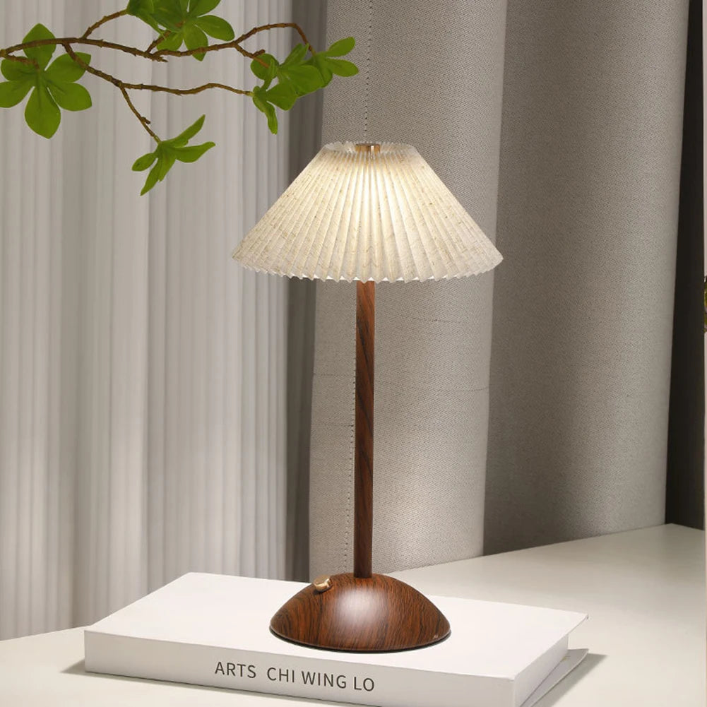 Portátil LED Desk Lamp com Base de Madeira, Pequeno Candeeiro De Mesa, Tecido Sombra, Regulável, Toque, Recarregável, Sala De Estar, Dormitório, Casa, Escritório
