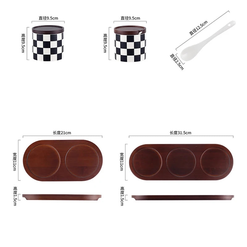 Preto e branco listrado cerâmica tempero jar com tampa de madeira spice açúcar jar cozinha chili sal armazenamento frascos utensílios de cozinha novo