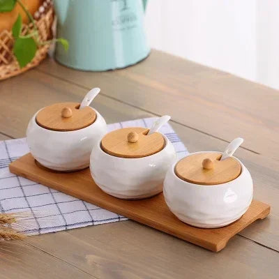 Cerâmica tempero pote tempero caixa bandeja de madeira tempero garrafa de açúcar tigela de sal do agregado familiar com colher suprimentos cozinha