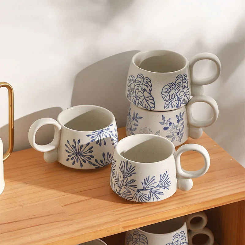 Copo de café cerâmico criativo, caneca azul e branca da ânfora, caneca da aveia do leite do café da manhã, chávena inglesa da camélia da tarde, 350ml