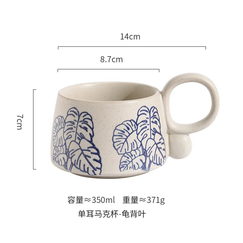 Copo de café cerâmico criativo, caneca azul e branca da ânfora, caneca da aveia do leite do café da manhã, chávena inglesa da camélia da tarde, 350ml