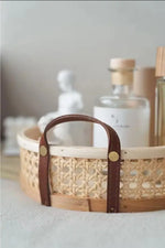 Estilo nórdico rattan tecido coleção bandeja cesta alça de couro pequena cesta circular aromaterapia conjunto chá cesta pão