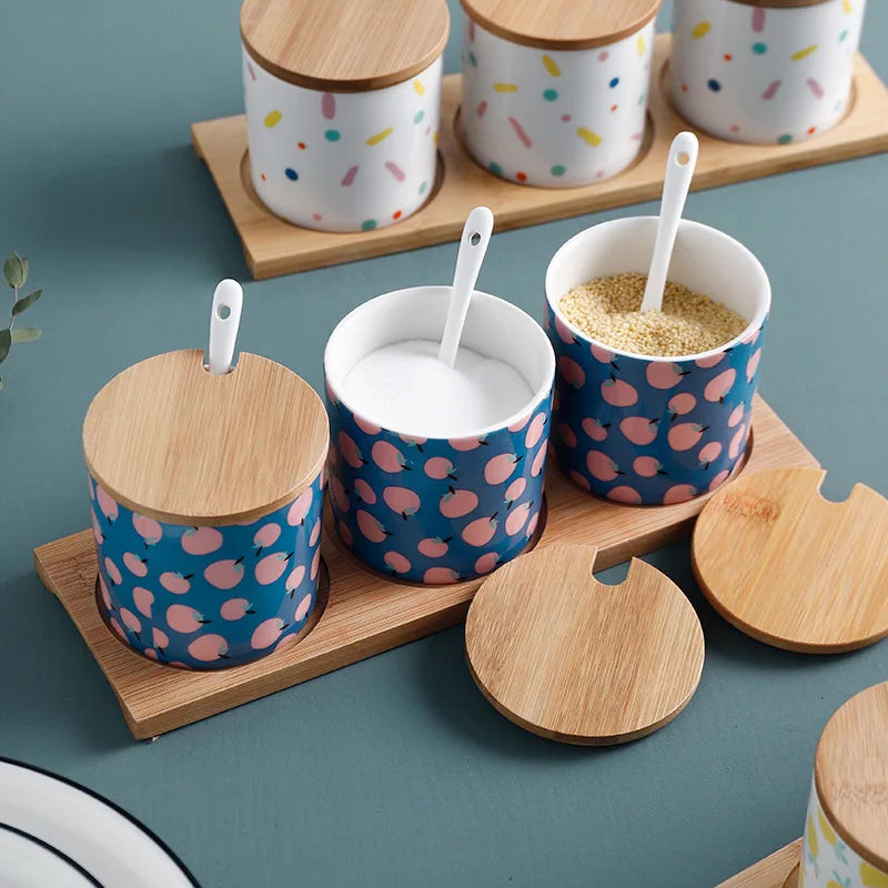 Criativo dos desenhos animados pintados de cerâmica tempero conjunto frasco de porcelana sal frasco de açúcar grão tanque spice pepper caixa de armazenamento recipiente de alimentos