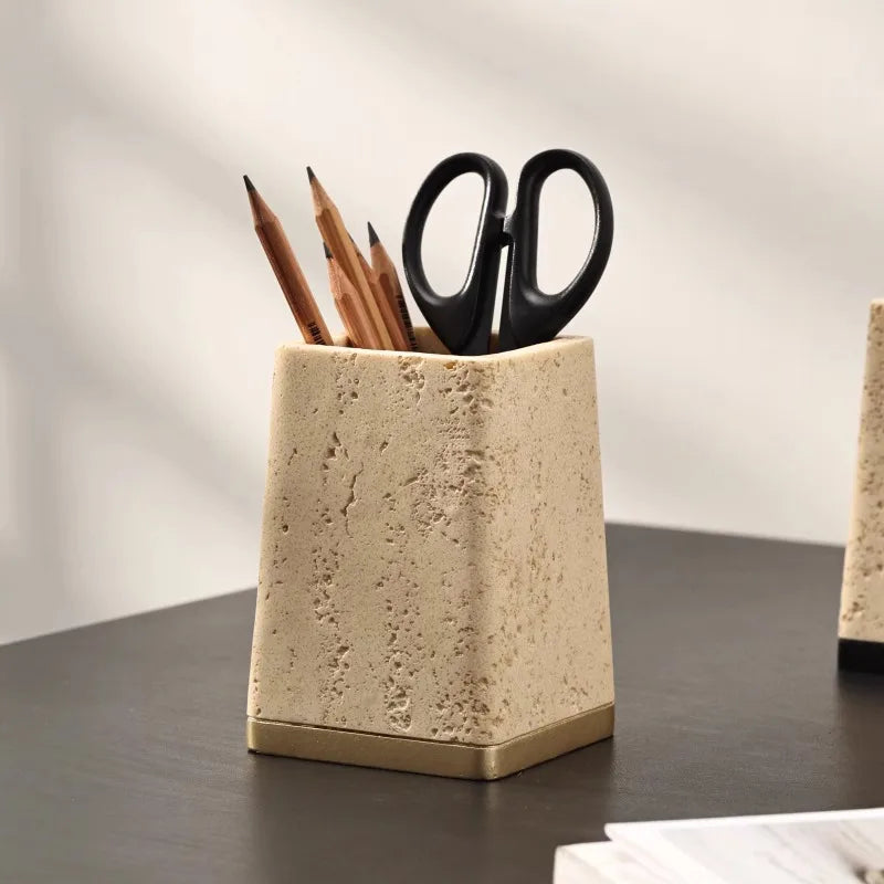 Ahunderjiaz Wabi-Sabi Estilo Natural Amarelo Caverna Pedra Caixa De Armazenamento, Criativo Desktop Pen Titular Ornamentos, Decoração Para Casa