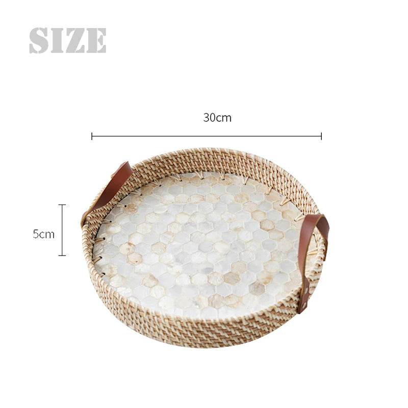 Bandeja de concha natural estilo francês, bandejas de armazenamento de vime feitas à mão, entrada da sala de estar, decoração de jardim, decoração de cozinha para casa