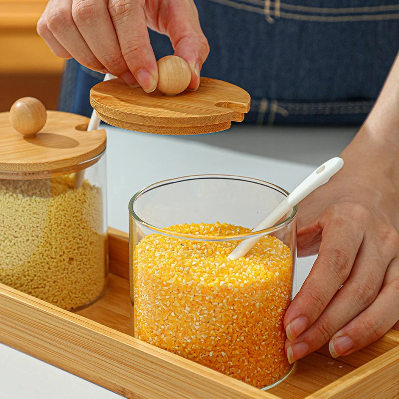 Criativo vidro spice jar casa três-peça sal frasco de açúcar com tampa spice pepper caixa de armazenamento recipiente de vidro decoração para casa