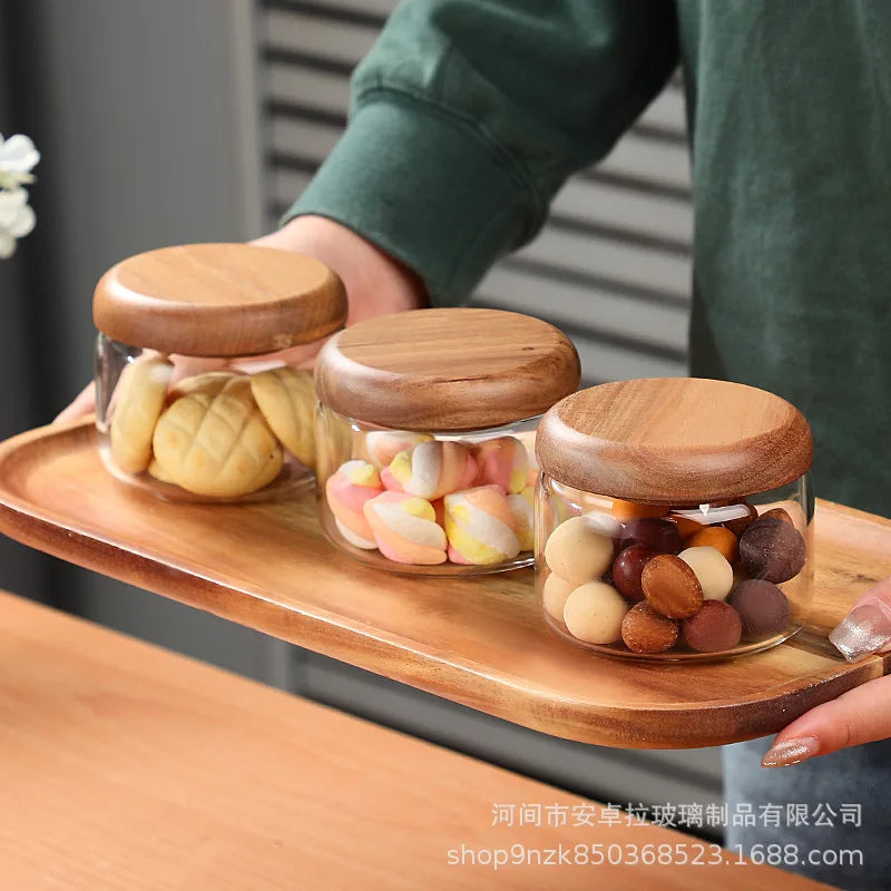 Criativo mini frasco de vidro claro café latas de chá recipiente de armazenamento de alimentos tampa de madeira vidro frasco de doces caixa de armazenamento presente decoração para casa