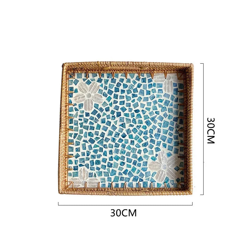 Bandeja premium de concha quadrada de luxo, rattan feito à mão, cesta de frutas de piquenique colorida, conjunto de armazenamento de cozinha, decoração de mobiliário doméstico