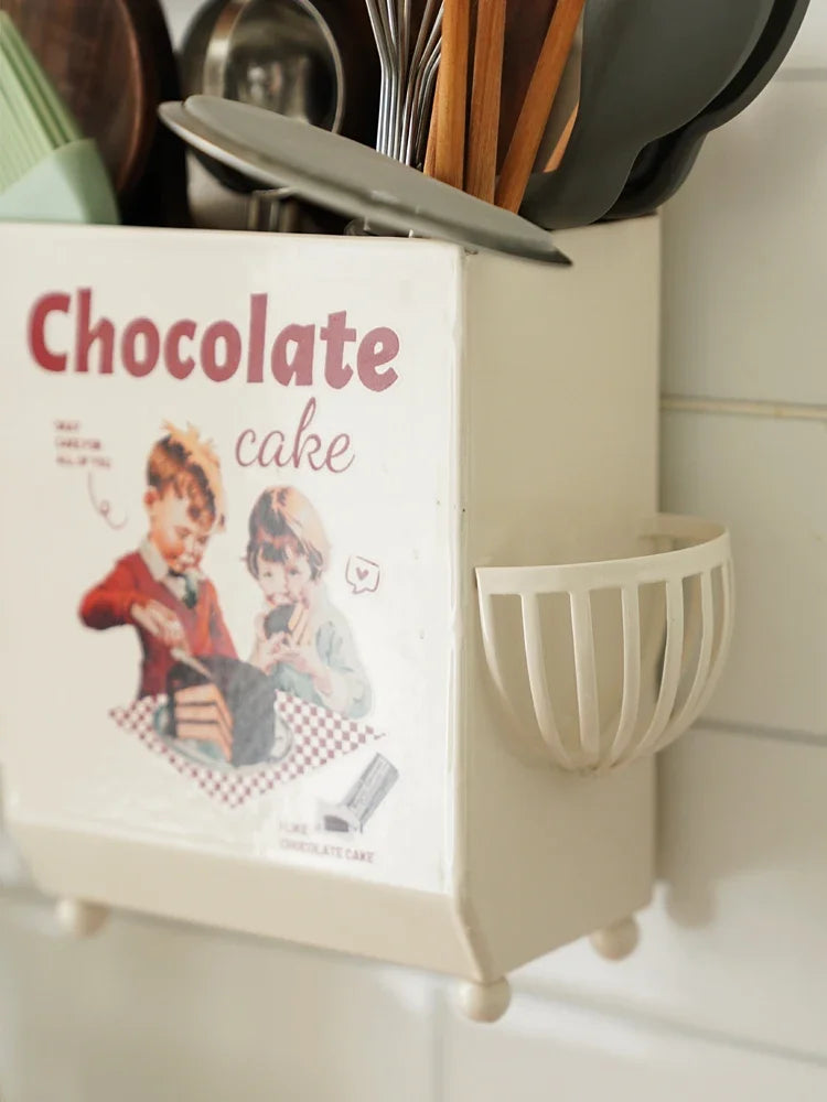 AhenderJiaz-Francês Vintage Talheres Balde De Armazenamento, Prateleira De Cozinha Doméstica, Multifuncional Pendurado Na Parede, Conjunto De Tubo De Pauzinha