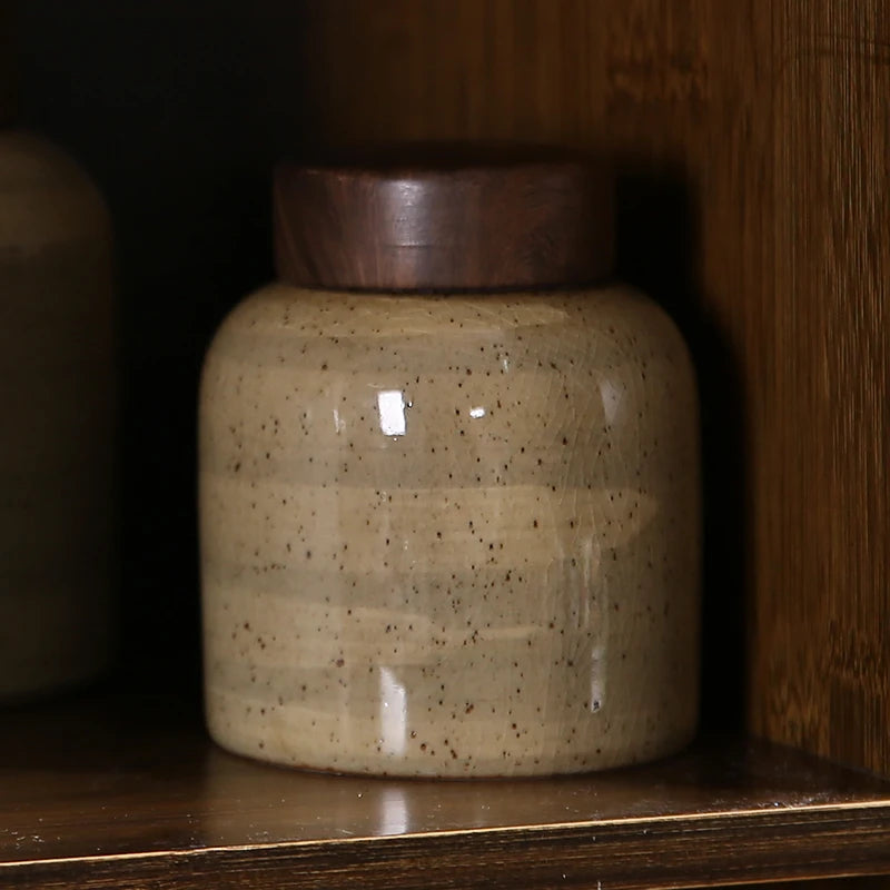 Tampa de madeira retro frasco de armazenamento de cerâmica à prova de umidade selada canister de chá frasco de doces recipiente de armazenamento de alimentos artesanato decoração de casa