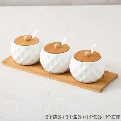 Cerâmica tempero pote tempero caixa bandeja de madeira tempero garrafa de açúcar tigela de sal do agregado familiar com colher suprimentos cozinha
