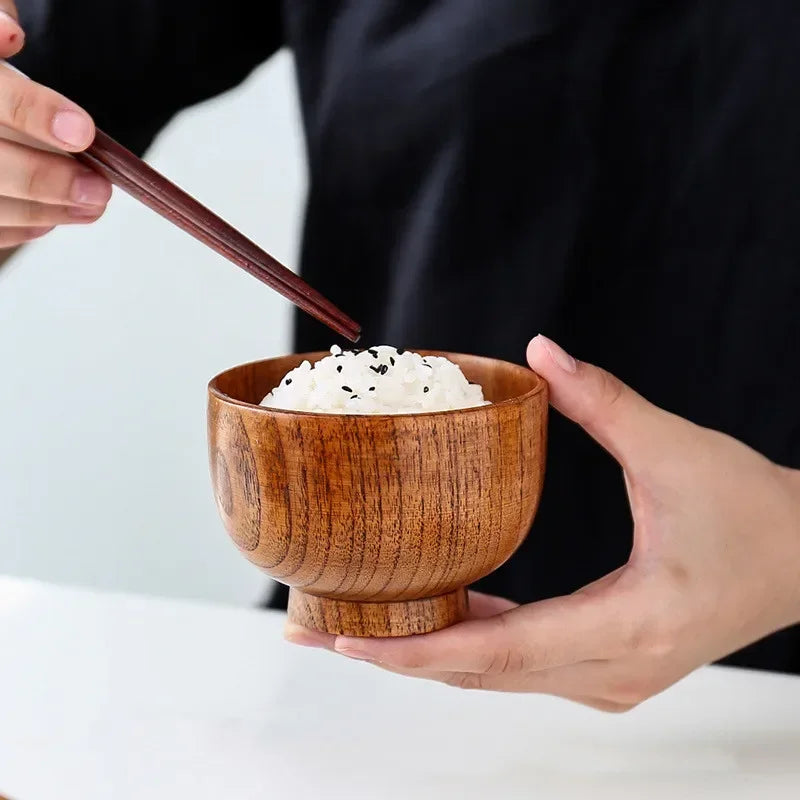 Tigela de madeira estilo japonês, madeira jujuba, redonda tigela de sopa grande, tigela de arroz criativa