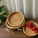 Novo handwoven redondo rattan vime cesta de frutas chá lanche pão bandeja piquenique lanches caixa armazenamento cozinha suprimentos cesta bandeja frutas